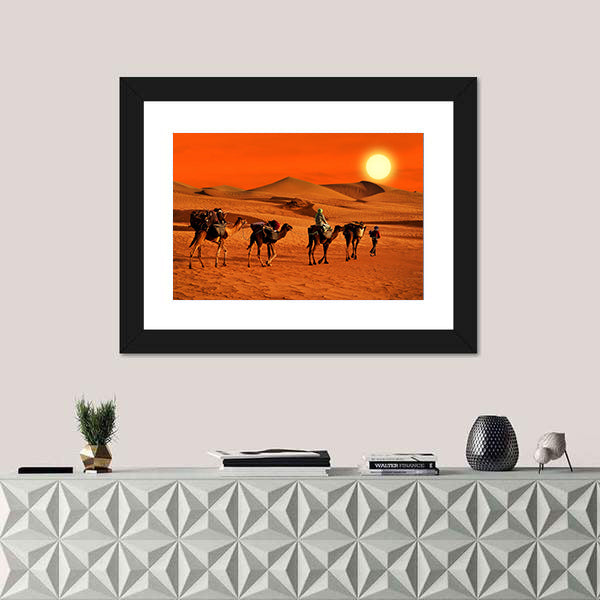 Camel Caravan Crossing Desert at Sunset Canvas Wall Art
