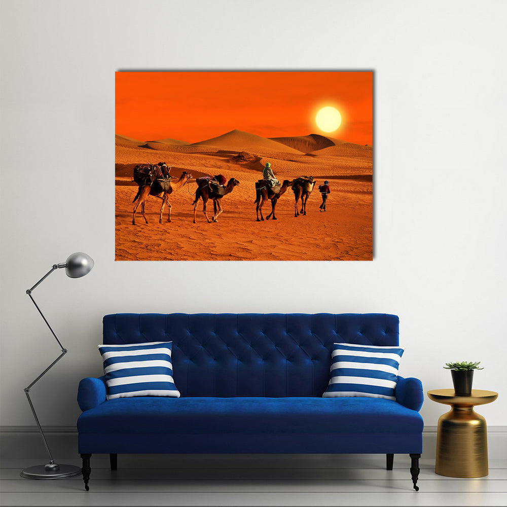 Camel Caravan Crossing Desert at Sunset Canvas Wall Art