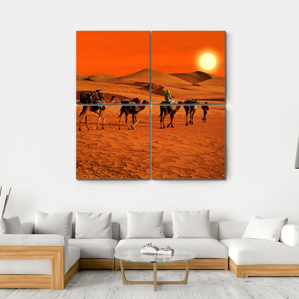 Camel Caravan Crossing Desert at Sunset Canvas Wall Art