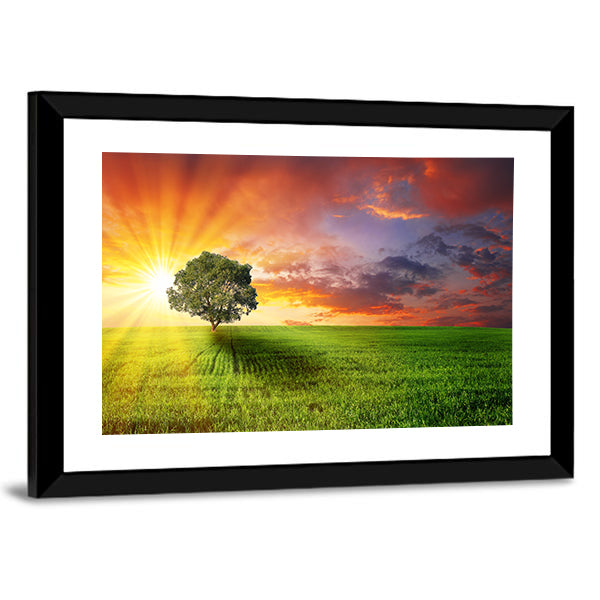 Alone Tree On Green Meadow Canvas Wall Art-1 Piece-Framed Print-42" x 14"-Tiaracle