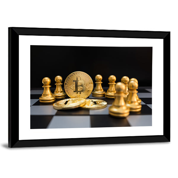 Golden Bitcoin And Chess Board Canvas Wall Art-1 Piece-Framed Print-30" x 20"-Tiaracle