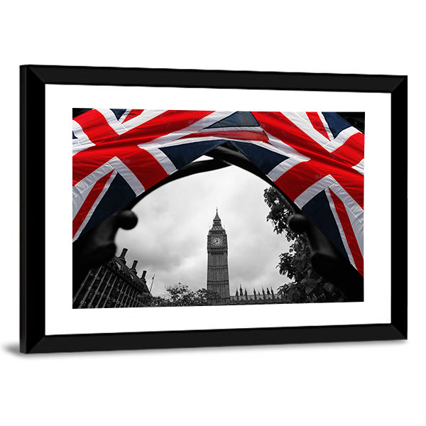 Big Ben With Flag Of England Canvas Wall Art-1 Piece-Framed Print-30" x 20"-Tiaracle