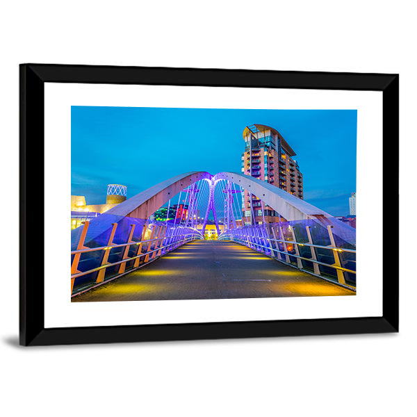 Illuminated Footbridge In Salford Canvas Wall Art-1 Piece-Framed Print-30" x 20"-Tiaracle