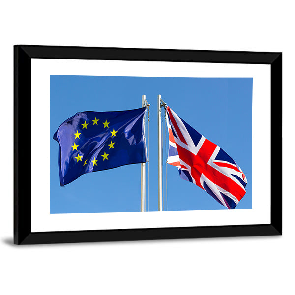 European Union Flag And Flag Of UK Canvas Wall Art-1 Piece-Framed Print-42" x 14"-Tiaracle