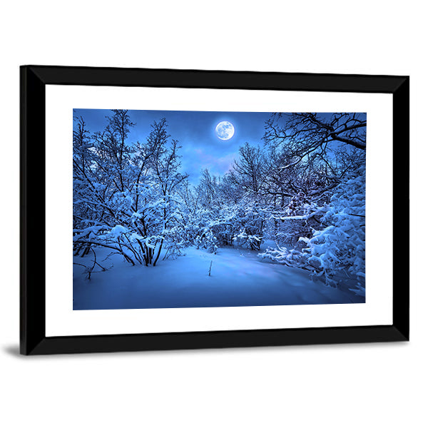 Moon Light In Winter Forest Canvas Wall Art-1 Piece-Framed Print-20" x 16"-Tiaracle