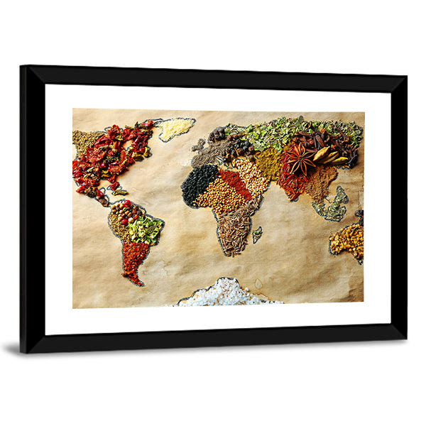 Map Of World Made From Different Spices Canvas Wall Art-1 Piece-Framed Print-30" x 20"-Tiaracle