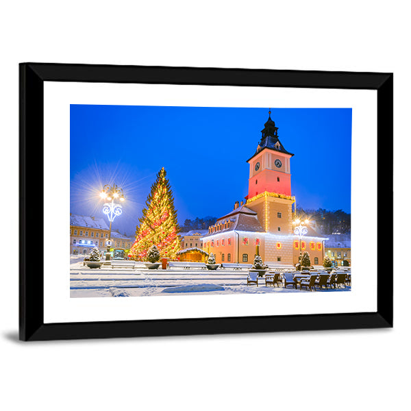 Christmas Market In Brasov Main Square Canvas Wall Art-1 Piece-Framed Print-30" x 20"-Tiaracle