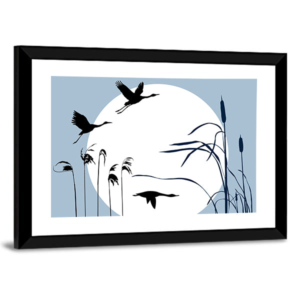 Three Flying Birds Silhouette with Moon Canvas Wall Art