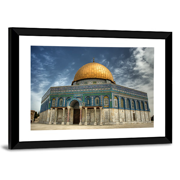 Al Aqsa Mosque in Jerusalem Canvas Wall Art in beige, gold and blue, framed print, product view on a white background