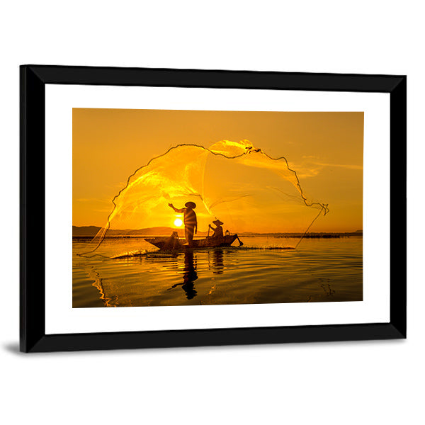 Fisherman Of Bangpra Lake In Thailand Canvas Wall Art-1 Piece-Framed Print-30" x 20"-Tiaracle