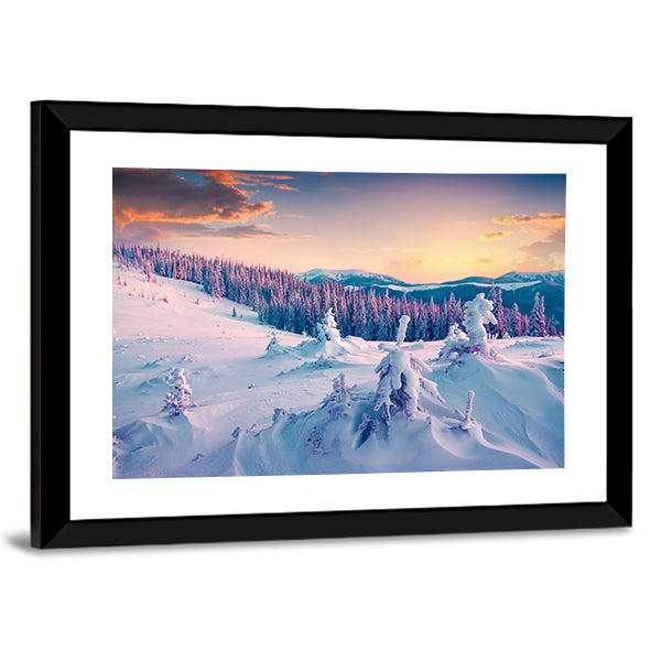 Colorful Winter Sunrise In The Mountains Canvas Wall Art-1 Piece-Framed Print-30" x 20"-Tiaracle
