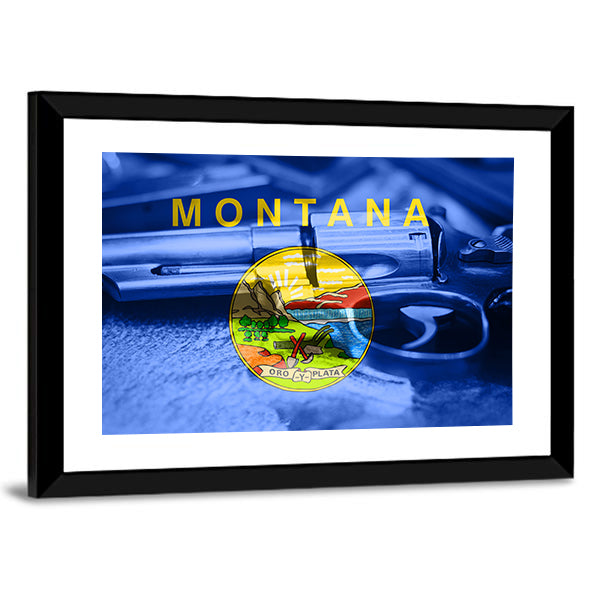 Montana Flag With Gun Canvas Wall Art-1 Piece-Framed Print-20" x 16"-Tiaracle