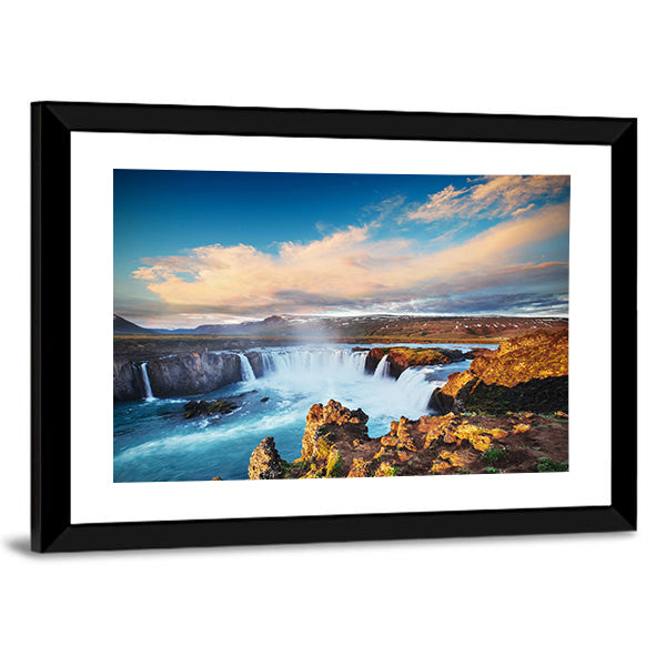 Godafoss Waterfall At Sunset Canvas Wall Art-1 Piece-Framed Print-42" x 14"-Tiaracle