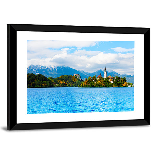 Church And Bled Lake Canvas Wall Art-1 Piece-Framed Print-20" x 16"-Tiaracle