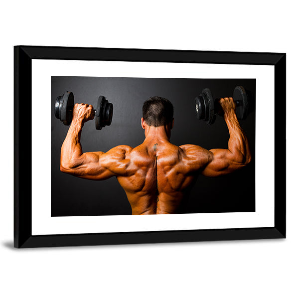 Bodybuilder Training With Dumbbells Canvas Wall Art-1 Piece-Framed Print-30" x 20"-Tiaracle