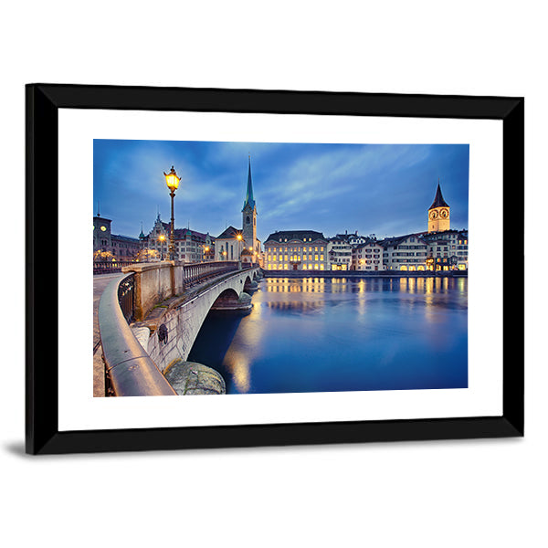 Fraumunster Church At Night Canvas Wall Art-1 Piece-Framed Print-20" x 16"-Tiaracle