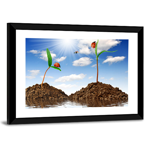 Two Sprouting Plants with Ladybugs Canvas Wall Art