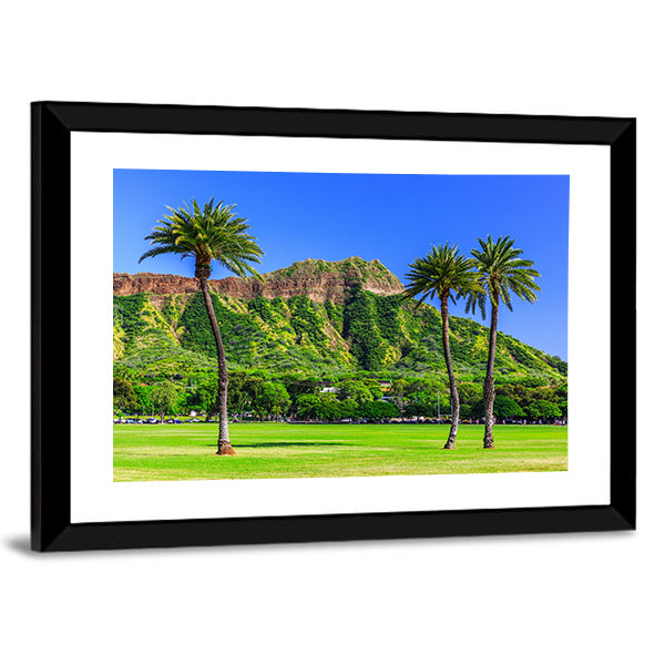Diamond Head, Honolulu with Palm Trees Canvas Wall Art