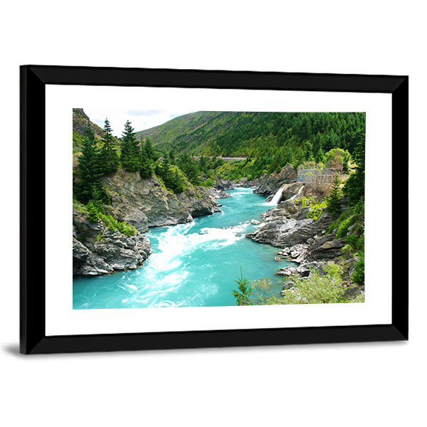 Kawarau River and Forest Canvas Wall Art in gray, green and blue, framed print, product view on a white background
