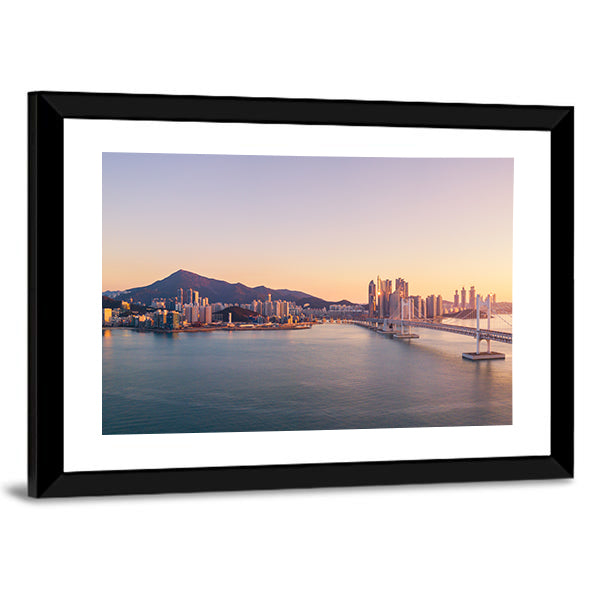 Aerial City Bridge at Sunset Canvas Wall Art