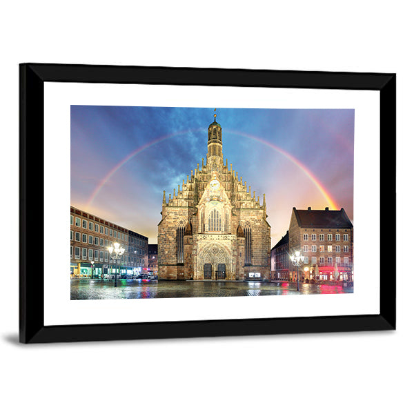 Frauenkirche Church With Rainbow Canvas Wall Art-1 Piece-Framed Print-42" x 14"-Tiaracle