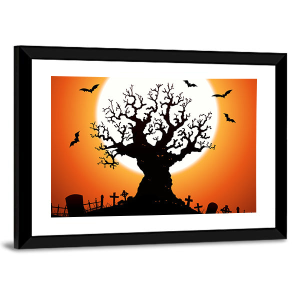 Gnarled Tree and Graveyard at Full Moon Canvas Wall Art in black, orange and yellow, framed print, product view on a white background