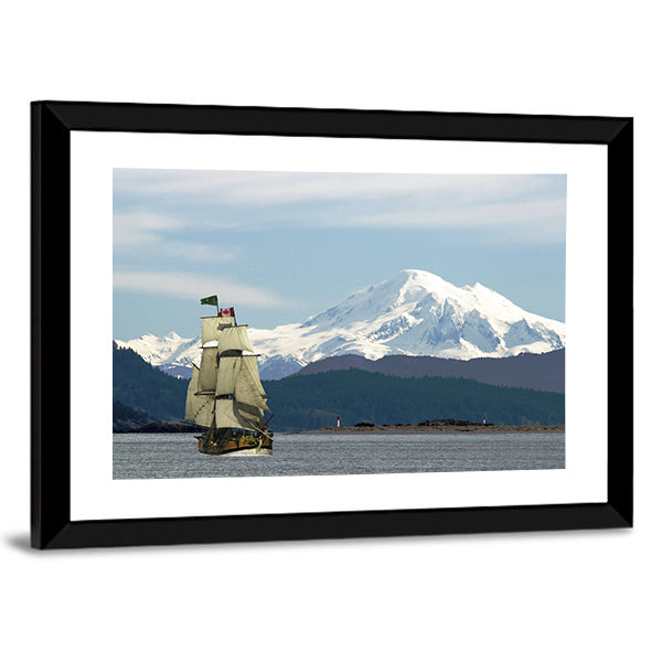 Mount Baker & Sailing Ship Canvas Wall Art-1 Piece-Framed Print-20" x 16"-Tiaracle