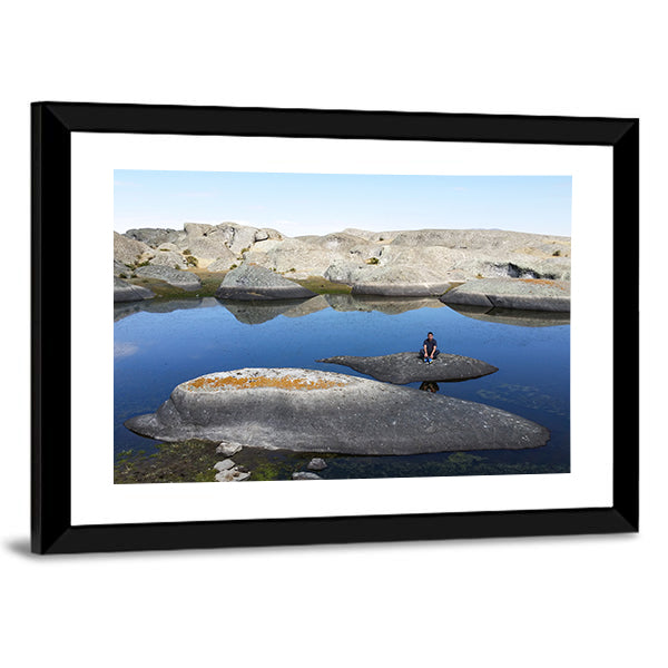 Marcahuasi Lake with Figure on Rock Canvas Wall Art