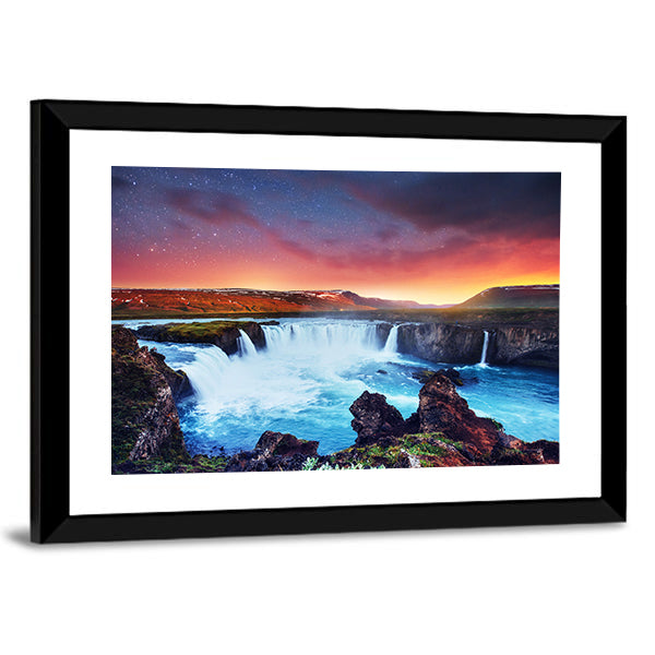 Amazing Godafoss Waterfall Canvas Wall Art-1 Piece-Framed Print-42" x 14"-Tiaracle