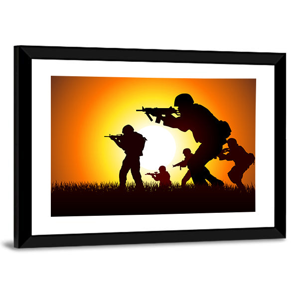 Soldiers Silhouette at Sunset Canvas Wall Art