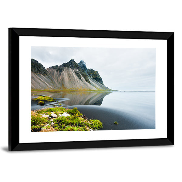 Mountain Reflection On Shore Canvas Wall Art-1 Piece-Framed Print-20" x 16"-Tiaracle