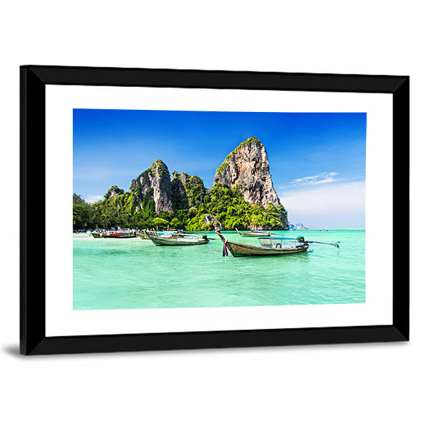 Longtale Boats At Beach Thailand Canvas Wall Art-1 Piece-Framed Print-30" x 20"-Tiaracle