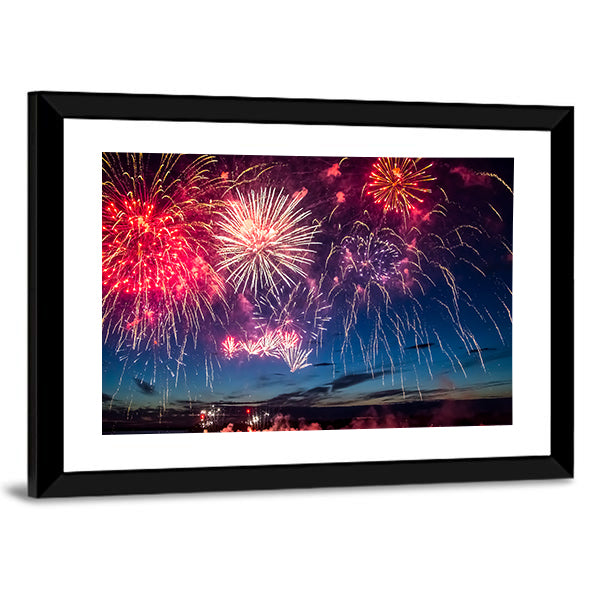 Colorful Fireworks Over City Skyline Canvas Wall Art
