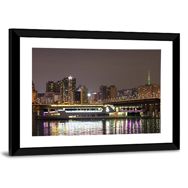 Night City Skyline with Bridge Reflection Canvas Wall Art