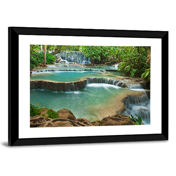 Kuang Si Waterfall Canvas Wall Art-1 Piece-Framed Print-30" x 20"-Tiaracle