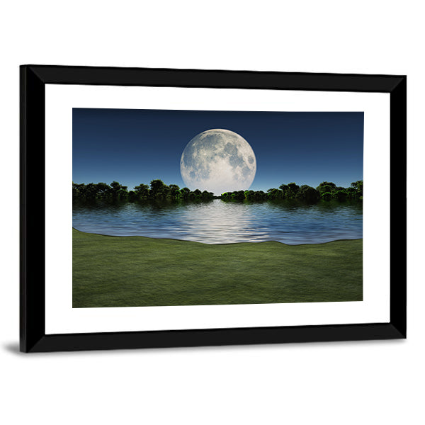 Moon Rise Over Lake Canvas Wall Art-1 Piece-Framed Print-20" x 16"-Tiaracle