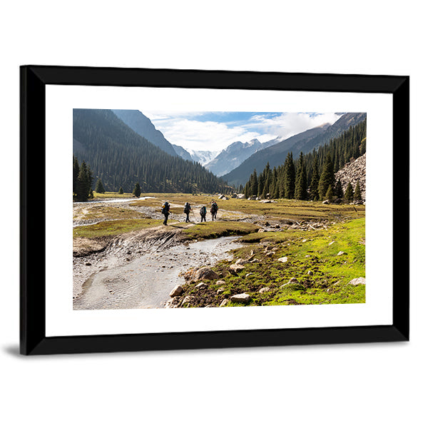 Hikers Climbing On The Tein Shan Mountains Canvas Wall Art-1 Piece-Framed Print-42" x 14"-Tiaracle