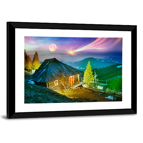 Mountain Cabin Beneath Aurora Borealis Canvas Wall Art