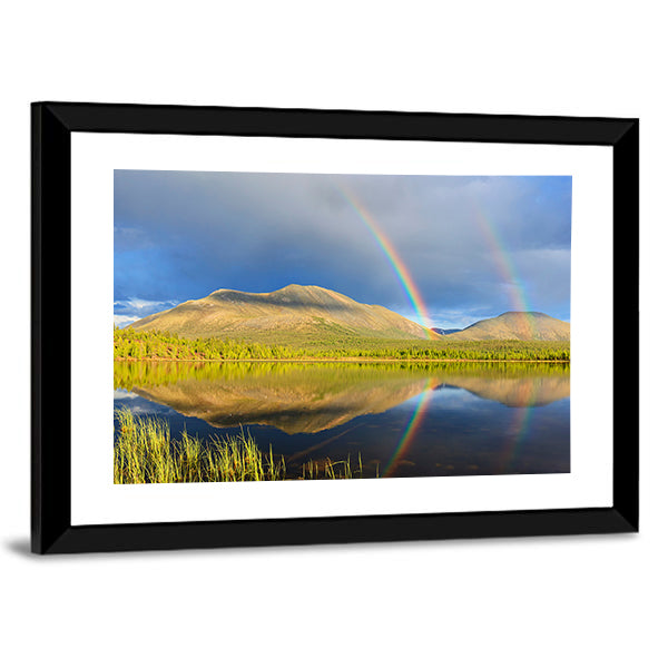 Double Rainbow Over Lake And Mountains Canvas Wall Art-3 Horizontal-Gallery Wrap-25" x 16"-Tiaracle