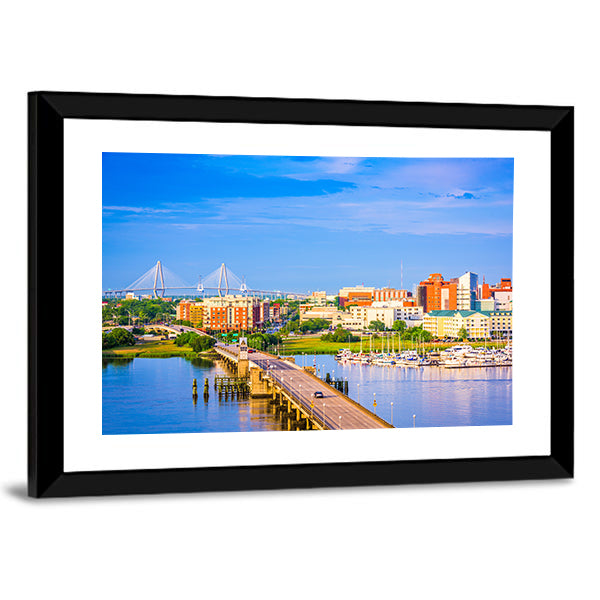 Charleston Skyline & Ashley River Canvas Wall Art-1 Piece-Framed Print-42" x 14"-Tiaracle