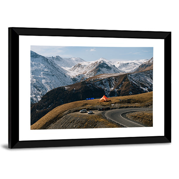 Winding Mountain Road with Snow-capped Peaks Canvas Wall Art
