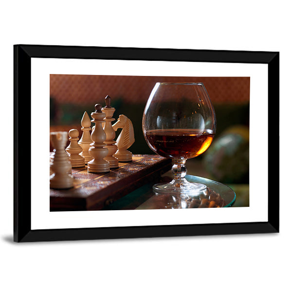 Chess Board And Chess Pieces With Wine Canvas Wall Art-1 Piece-Framed Print-30&quot; x 20&quot;-Tiaracle