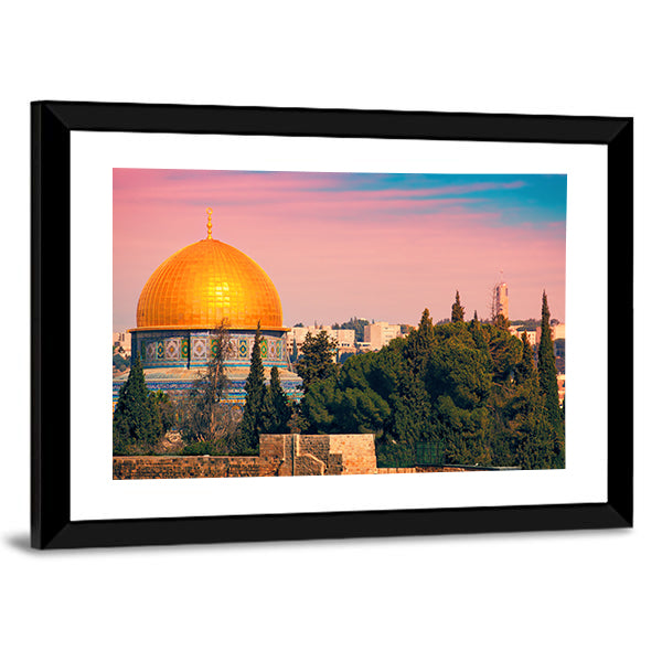 Dome of the Rock, Jerusalem Canvas Wall Art in gold, blue and pink, framed print, product view on a white background