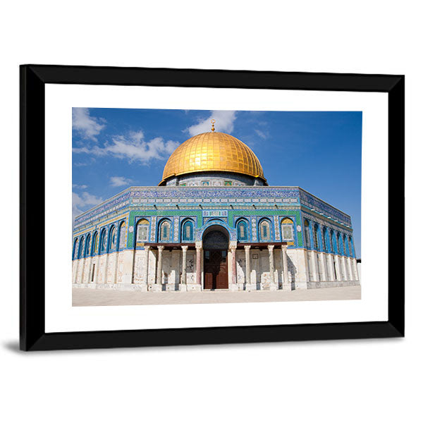 Dome of the Rock, Jerusalem Canvas Wall Art in beige, gold and blue, single panel hung on a wall