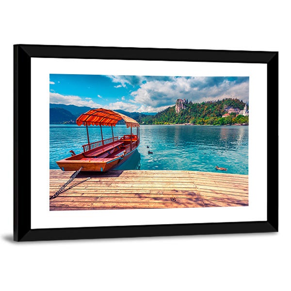 Boat on Lake with Castle and Mountains Canvas Wall Art