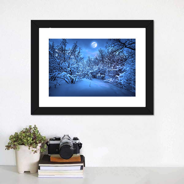 Moonlight Over Snowy Forest Canvas Wall Art