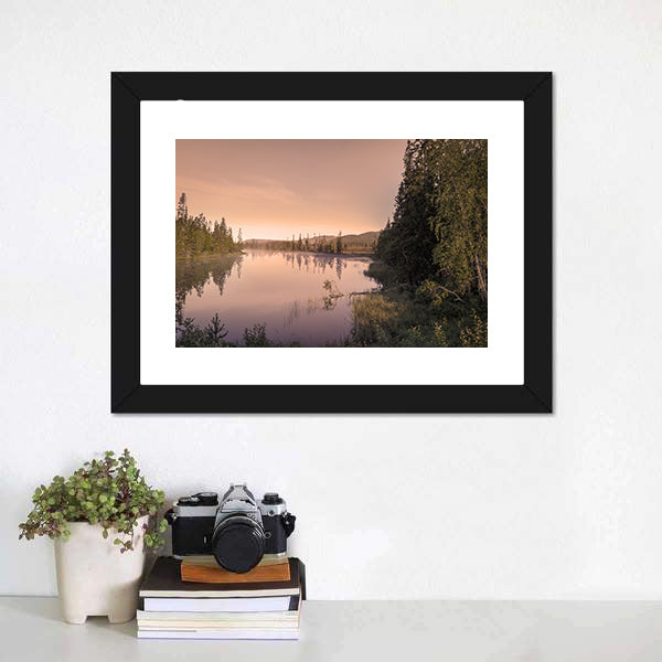 Misty Sunrise Over Lake Canvas Wall Art