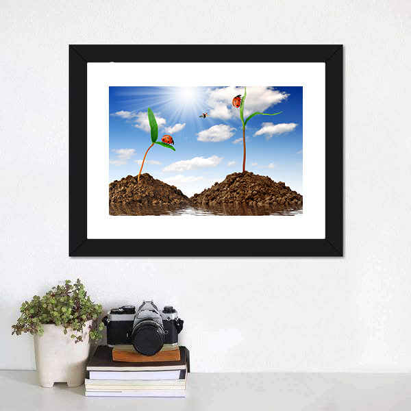 Two Sprouting Plants with Ladybugs Canvas Wall Art