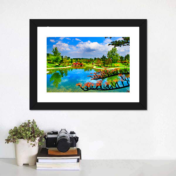 Red Bridge and Reflections in Japanese Garden Canvas Wall Art