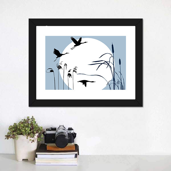 Three Flying Birds Silhouette with Moon Canvas Wall Art